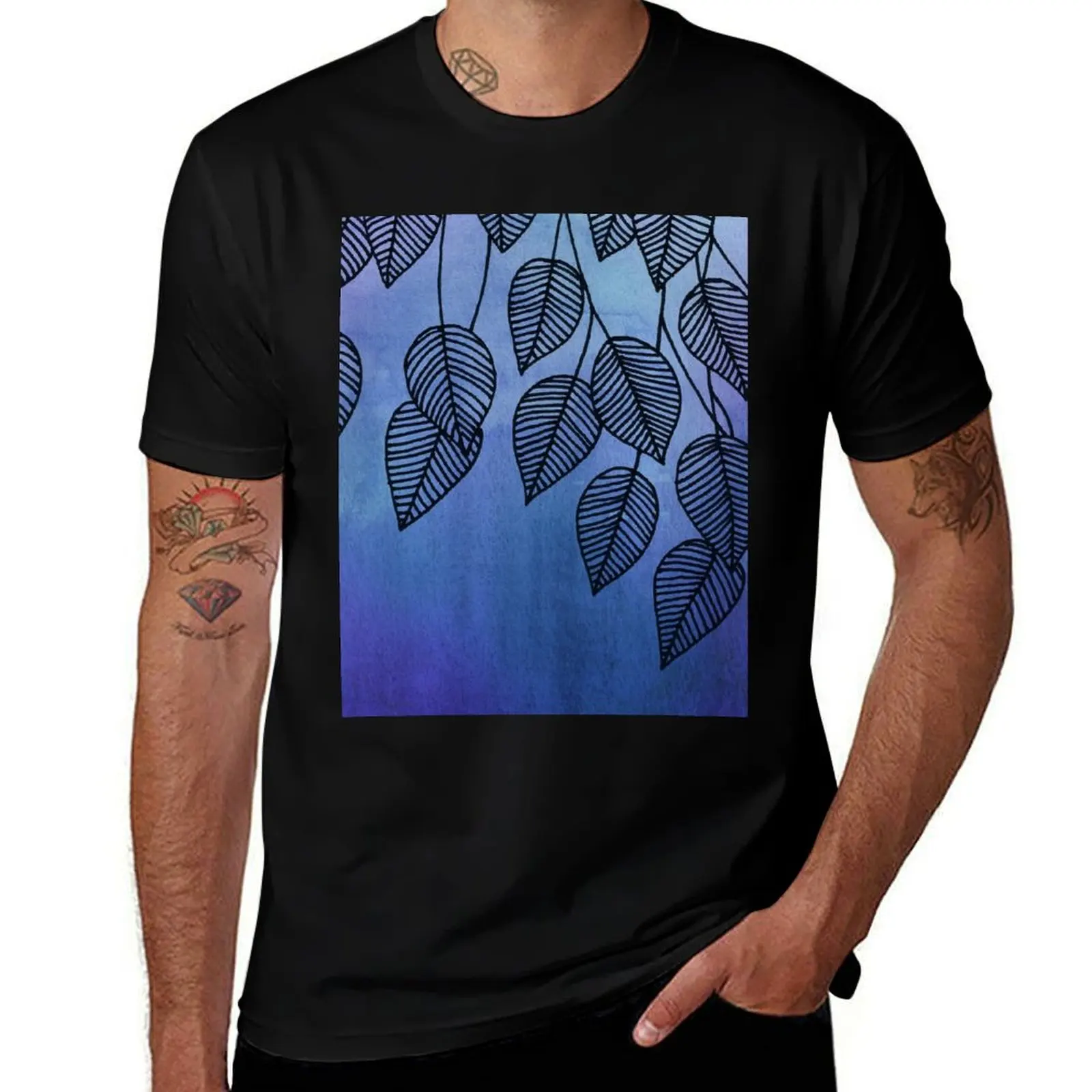 

Midnight Blue Garden - watercolor & ink leaves T-Shirt cute tops funny costumes mens vintage t shirts