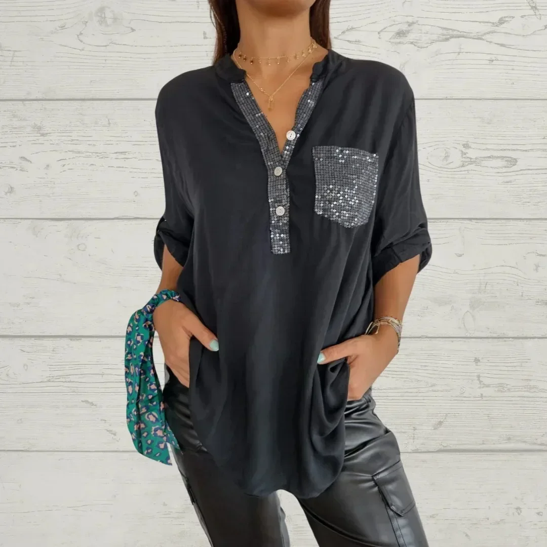 Camisa de algodón con cuello en V para mujer, Top informal de manga media con lentejuelas, cuello suelto, estampado de botones, bolsillo de protección solar, Verano