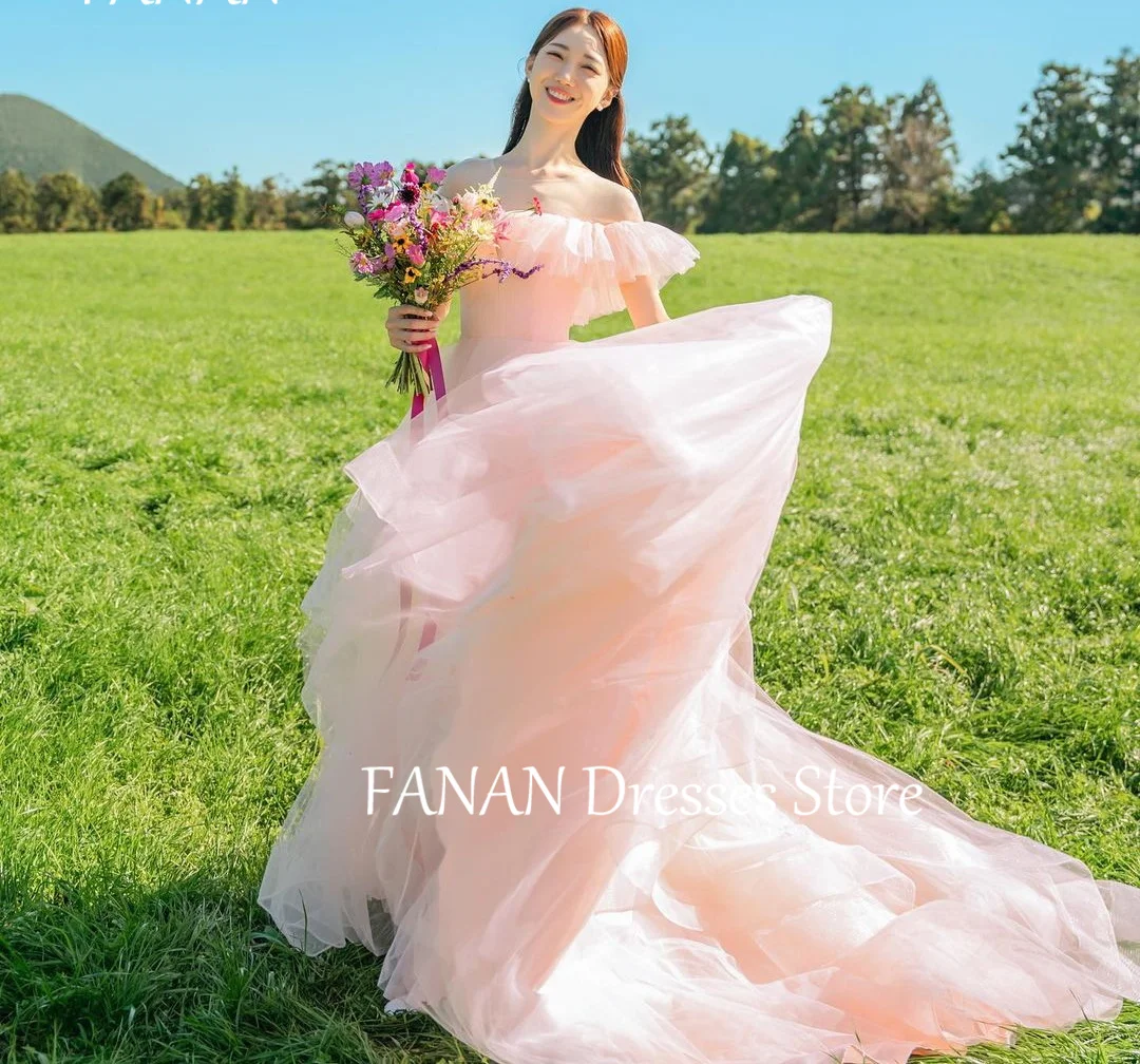 

FANAN Off the Shoulder Evening Party Dresses Fashion Tulle Pink Tiered Korea Wedding Women Formal Gowns Event Prom Gowns