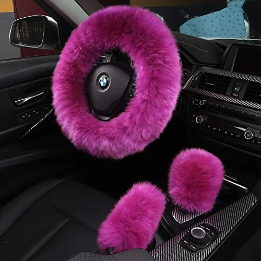 

3Pcs Set Fashion Fluffy Fuzzy Wool Fur Soft Car Steering Wheel Cover with Handbrake Cover and Gear Shift Cover for Women/Girls/