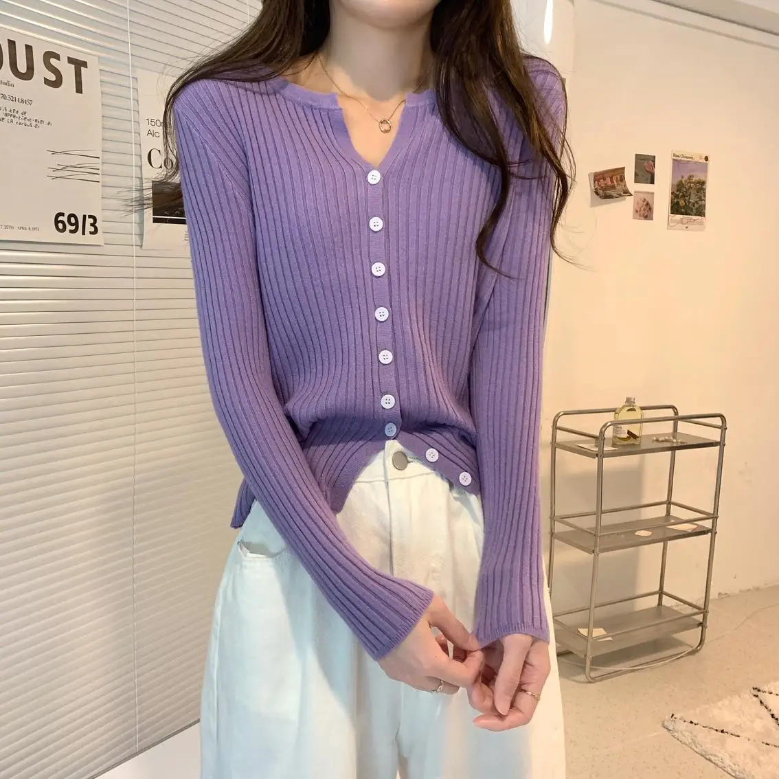 Girl V-Neck Knitted Casual Short Sweater Shirt Women High Stretch Single Breasted Cardigans Crop Tops Autumn Spring