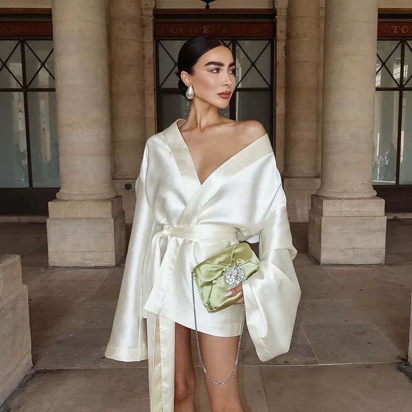 

Spring European and American Style Sexy Loose Long-Sleeve Tie Dress, Fashion Satin Evening Gown Mini Dress for Women