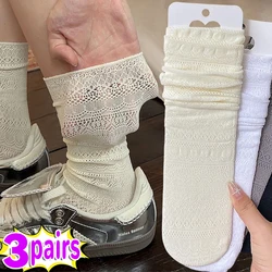 1/3pairs Lolita Sweet White Pile Socks Women Mesh Hollowed Out Thin Nylon Silk Flower Lace Socks Ladies Transparent Crew Socks