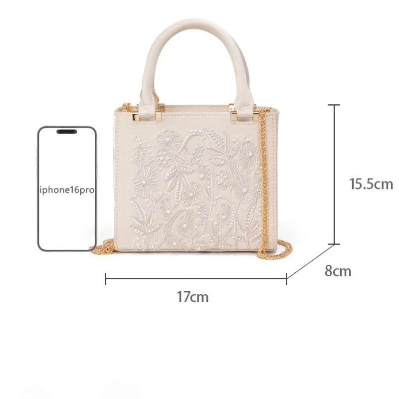 Embroidered Pearl Handbag Vintage Elegant Structured Top Handle Shoulder Bag for Evening Wedding Daily