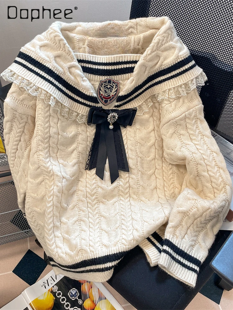 

Korean Style Sailor Collar Bow Thick Sweater Women 2023 Autumn Winter Retro Sweet College Style Long Sleeve Knitted Top Female