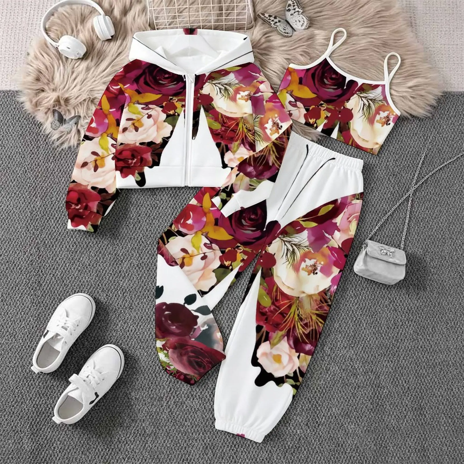 Jogging Pants Girls Yoga Pants Autumn Winter Children's Printed Three-Piece Set Fashion Vest Zipper Hoodie Long Sleeve Coat