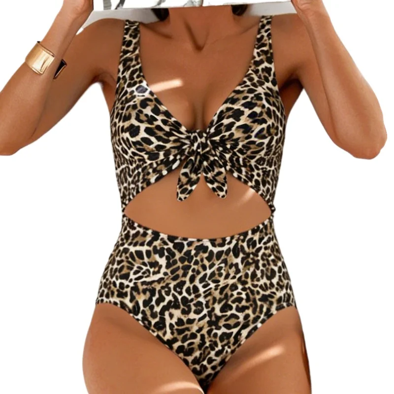 

Купальник 2026: Женский слитный купальник с леопардовым принтом, на завязках сбоку, с завязками на шее, бикини, боди