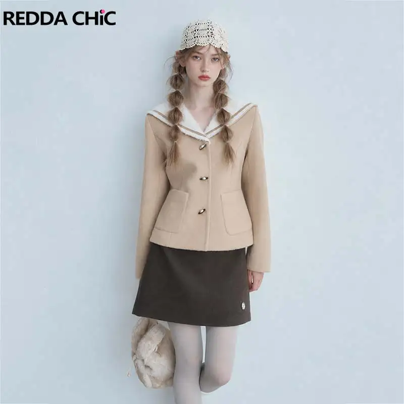 REDDACHiC Preppy Wool-blend Coat Skirt Women Two-piece Set Vintage Sailor Collar Cropped Jacket Mini Skirt Cute Fall Clothes