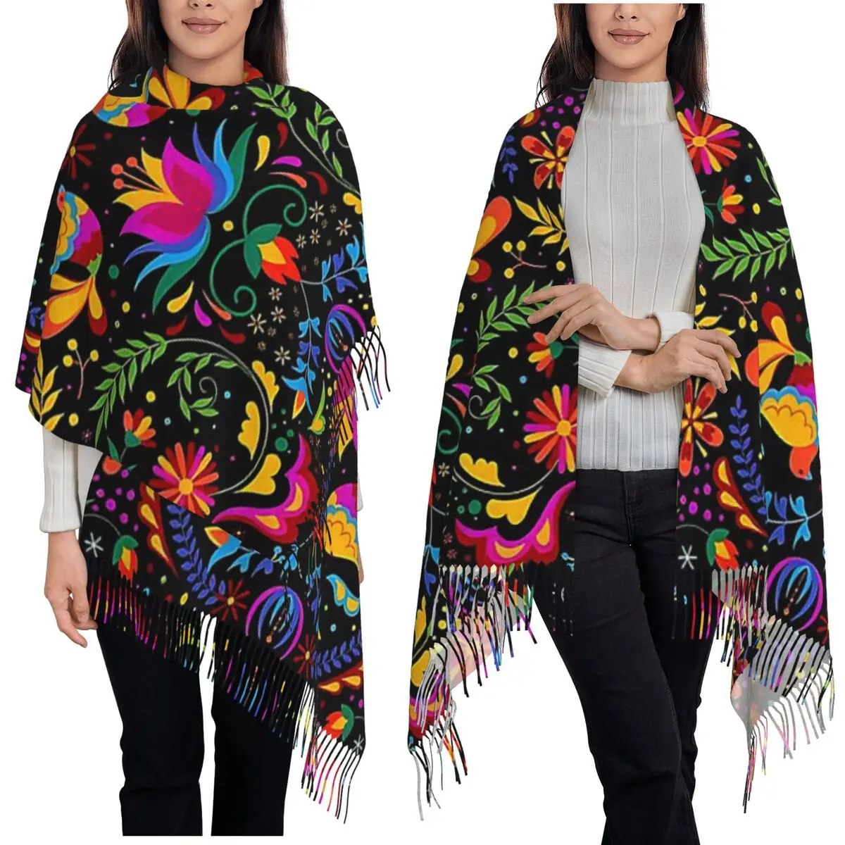 Mexican Flowers And Birds Scarf Tassel Scarves Women Soft Warm Shawls and Wraps Long Fall Winter Shawl Wrap