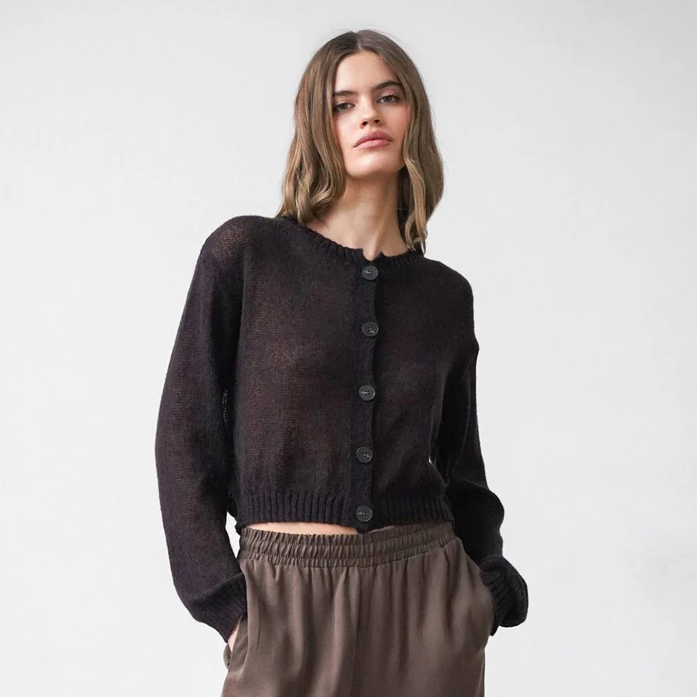 

Solid Color Simple Knitted Cardigan 2025 Autumn New Lazy Style Versatile Casual Round Neck Sweater for Women