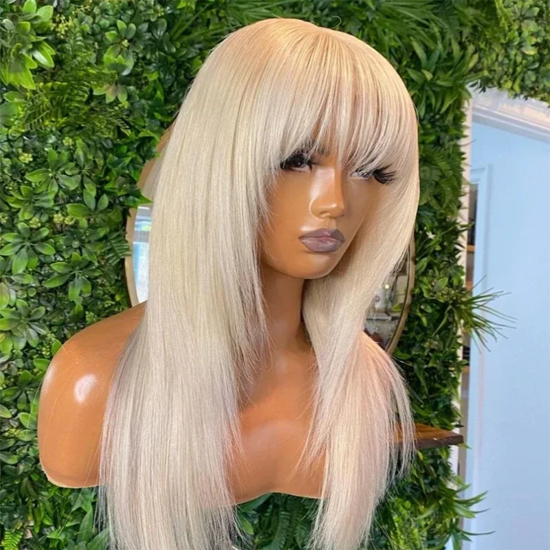 180 Density Soft 26“ Natural Long Blonde 613 Silky Straight Machine Wig With Bangs For Women High Temperature Cosplay Glueless