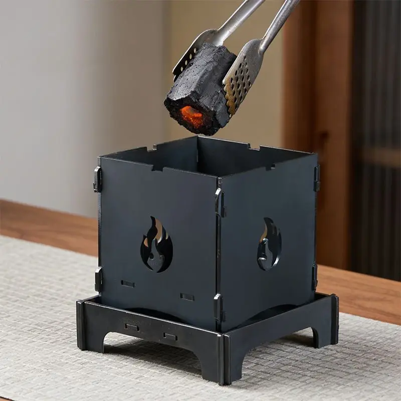 Portable Foldable Black Metal Charcoal Starter Cube with Flame Cutouts for BBQ Camping Outdoor Cooking Durable Compact Ignition