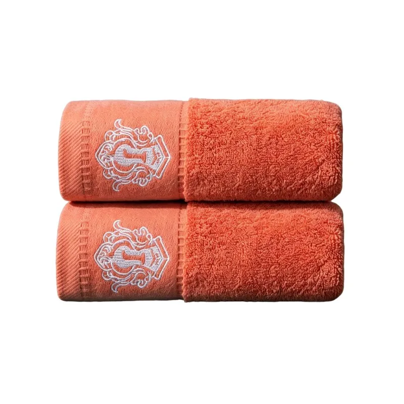 2pcs Orange Cotton Towels 34x74cm Embroidered 'J' Quick-Dry Thick Soft Hotel Bathroom Beach Towels for Adults Gift
