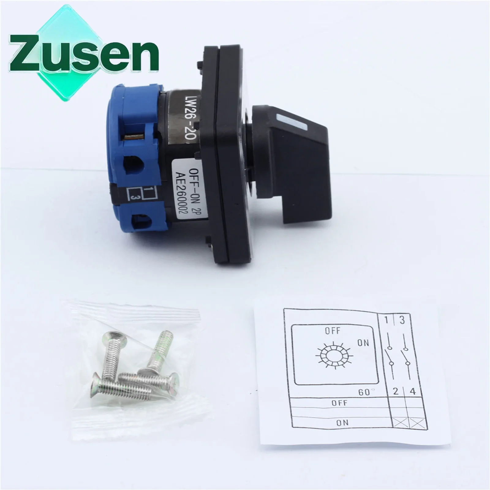 Zusen LW26-20 on/off  440V Ui 660V 20A Rotary Cam Switch 2 Position 2 Poles 4 Terminals