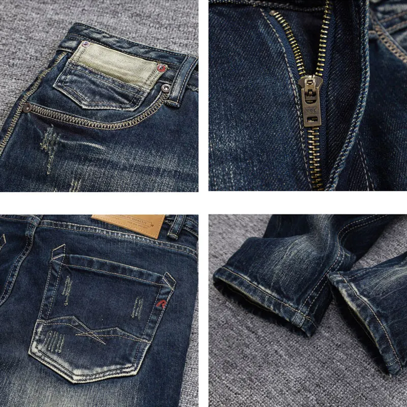 Vintage Fashion Men Jeans High Quality Retro Black Blue Stretch Slim Fit Ripped Jeans Men Pocket Designer Denim Pants Hombre