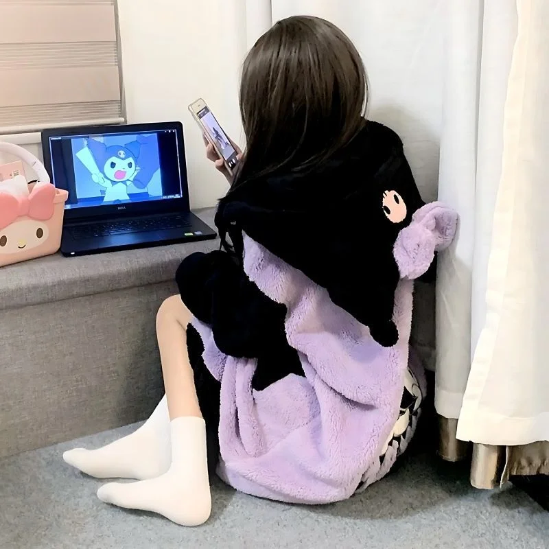 سانريو الكرتون كورومي بيجامة مجموعة فتاة جديدة الشتاء الكرتون المرجان الصوف رداء اصطف سميكة منتصف طول بيجامة مجموعة هدية الكريسماس #4