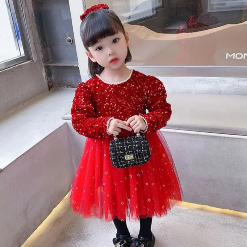 

Girl Dress Kids Baby Party Birthday Evening Gown 2024 Sequin Autumn Cotton Teenagers Outwear Flower Girl Dress Children Clothing