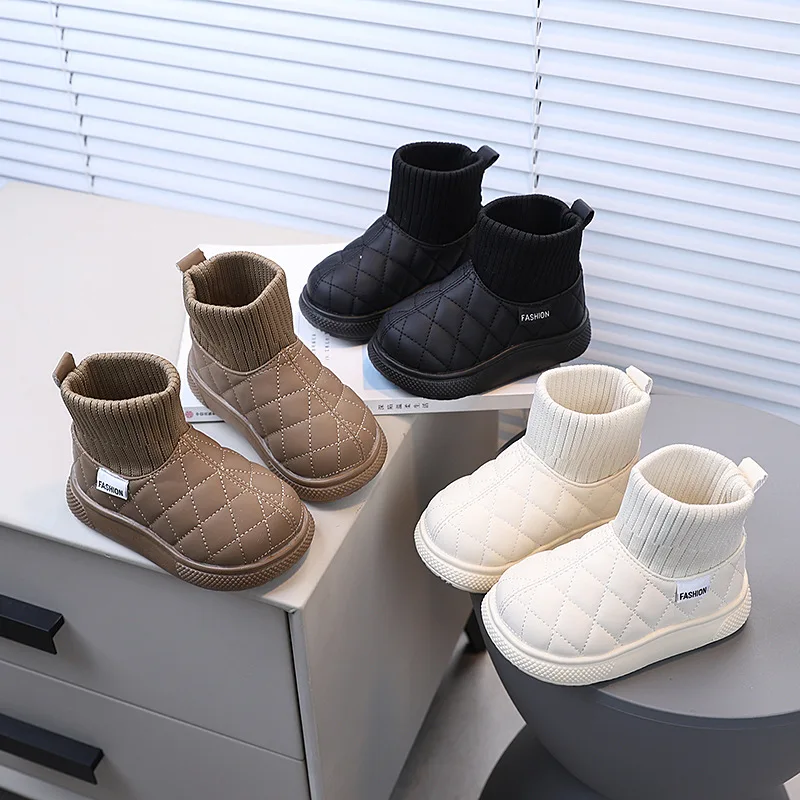 

Children Winter New Fashion Boots Girls Soft Soled Plush Leather Boots Knitted Shoe Woman Cuffs Mesh Pressed Non-slip Kid Shoes