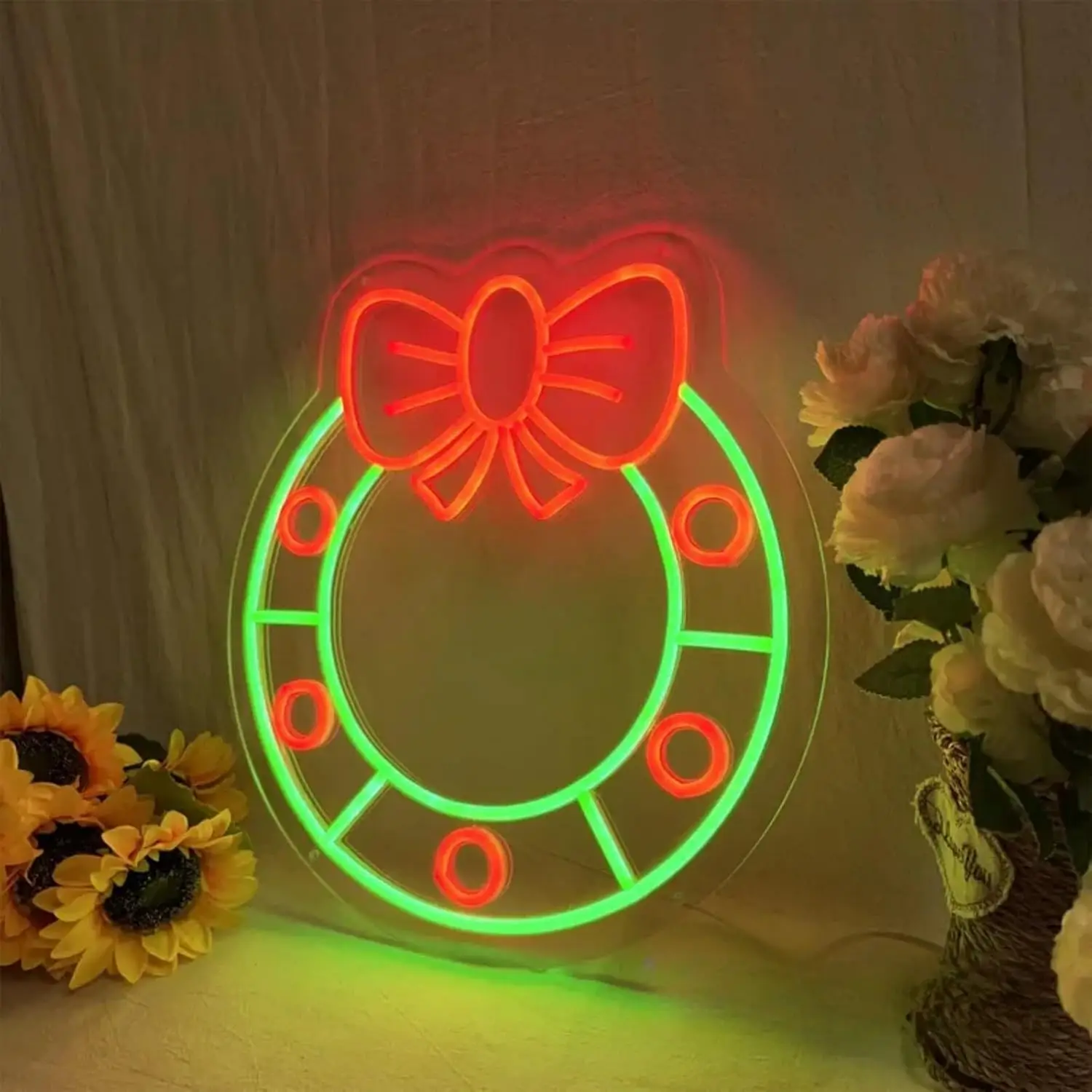 Merry Christmas Neon Led Sign Wreath Bow USB Powered Dimmable Lights Xmas Room Decoration For Bar Party Bedroom Wall Decor Signs