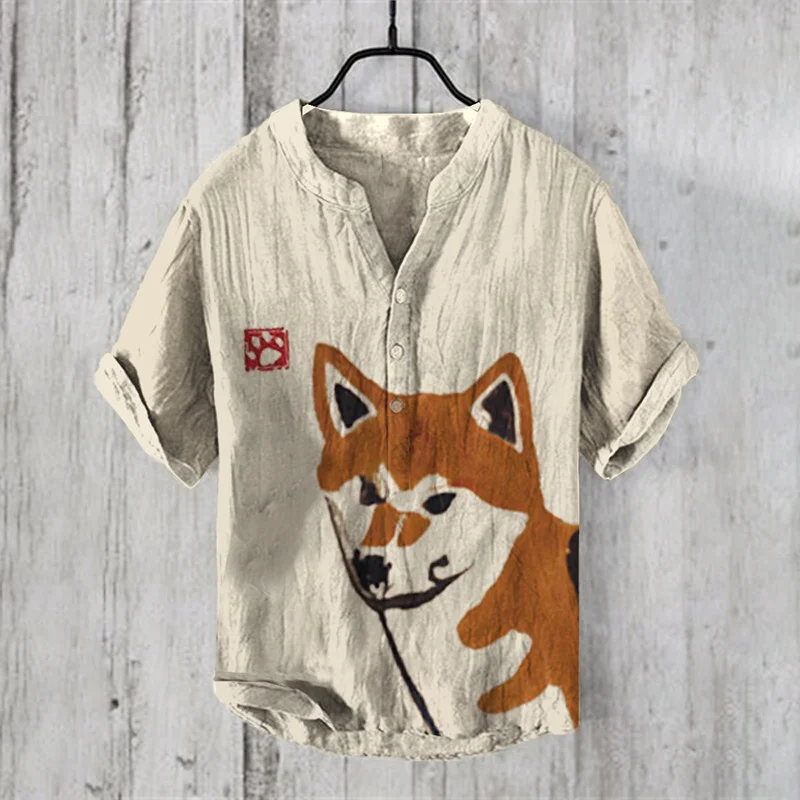 Summer new linen short sleeved shirt fashionable European and American popular hot selling elegant fox print pattern street wear