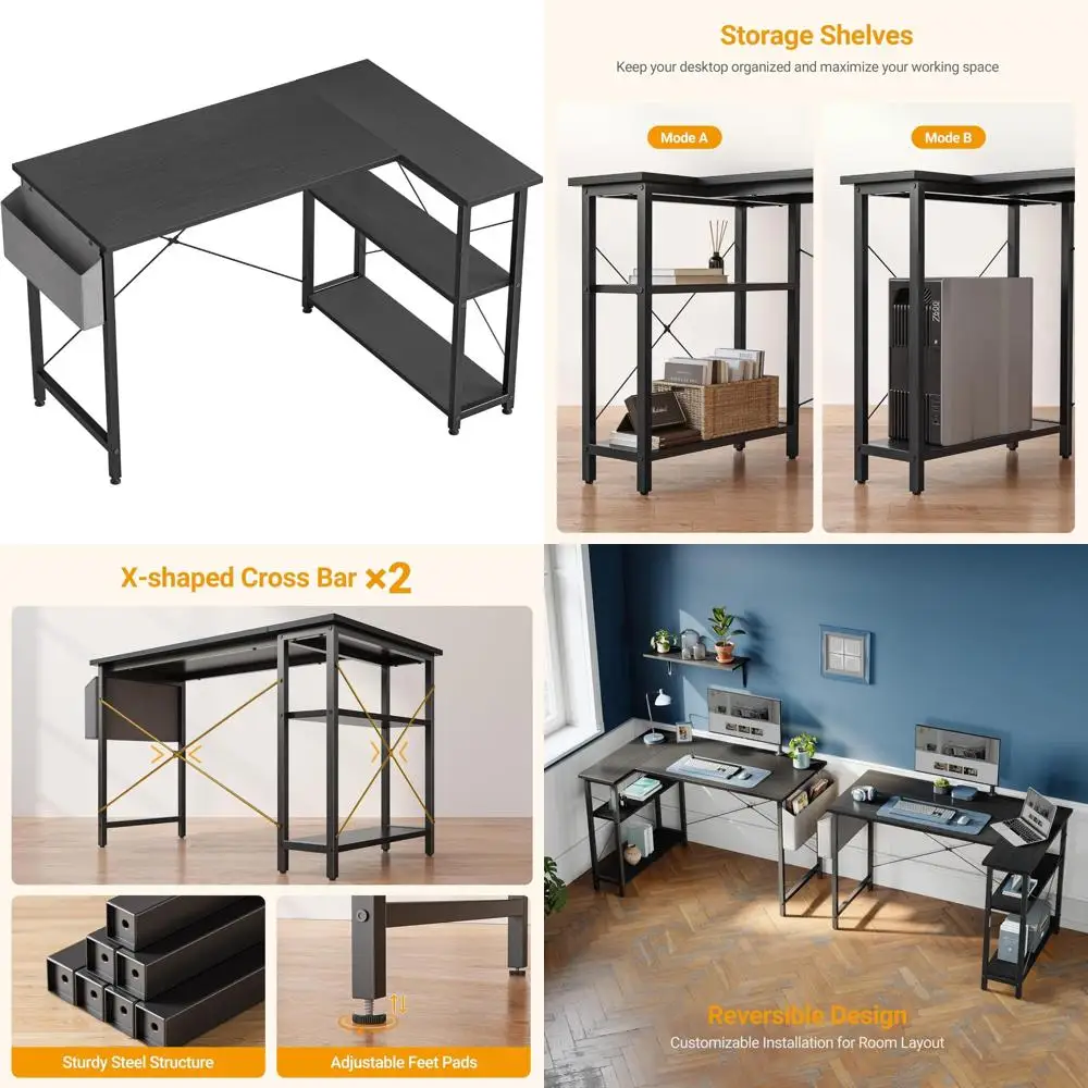 

L-Shaped Cubiker 40 Computer Desk with Reversible Storage Shelves for Home Office, Study, Writing, and Gaming in Black