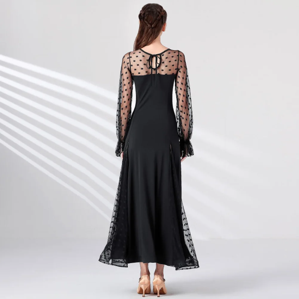 경쟁을위한 섹시한 왈츠 볼룸 드레스 라운드 넥 플라멩코 스커트 표준 댄스 드레스 경쟁 블랙 랜턴 슬리브 사용