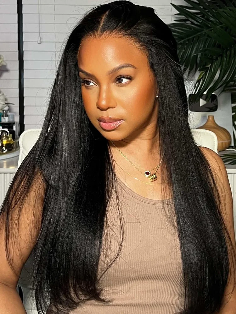 

6x4 HD Lace Pre Cut Pre Plucked Invisible Knots Wear and Go Yaki Straight Glueless Wig Kinky Straight Human Hair Lace Front Wigs