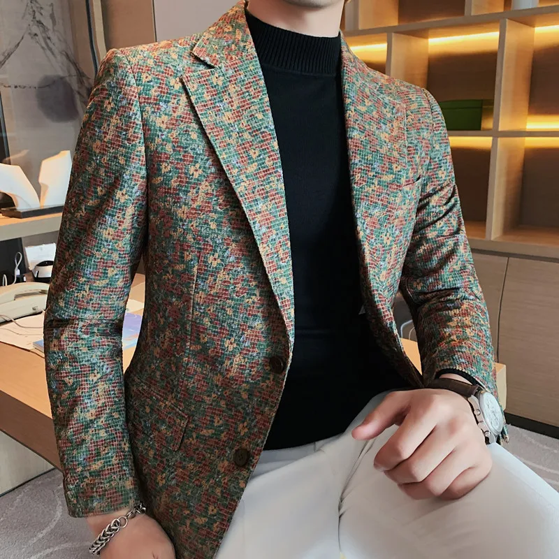 Mens Stylish Blazer 2022 Autumn Flower Printed Blazer Men Wedding Social Slim Business Clothing Formal Tuxedo Suit Jacket Hombre