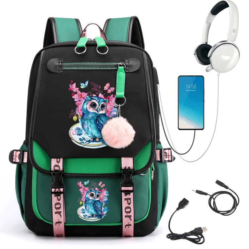 Mochila Anime Flor Coruja para Crianças, Saco de escola para crianças, Bookbag primário, Carregamento USB, Mochila adolescente para menina, Bagpack