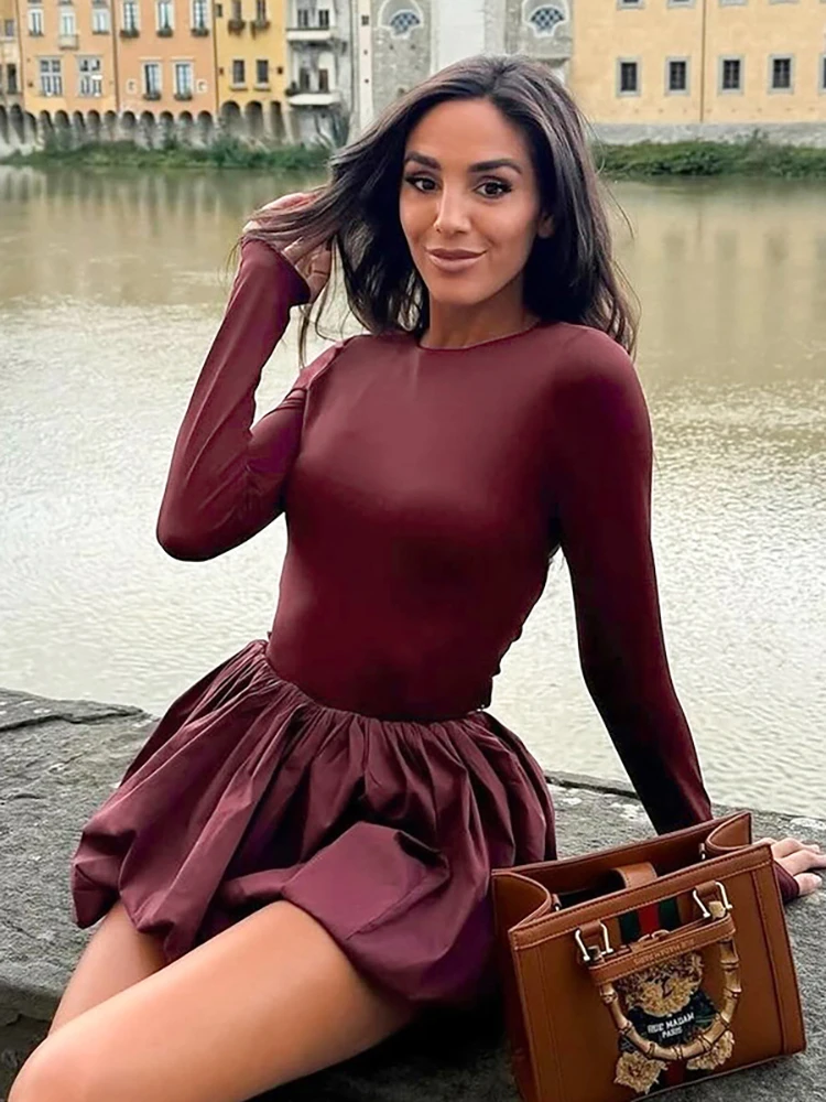 Fantoye Sexy Backless Round Neck Women Skirt Suit Long Sleeve T-shirt Mini Skirt Sets Female Winter Slim Elegant Two Piece Sets