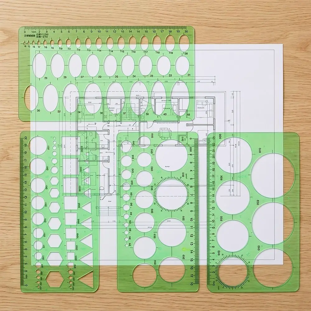 4Pcs Clear Circle Template Green Plastic Professional Plastic Oval Stencil Multifunctional Geometric Drawing