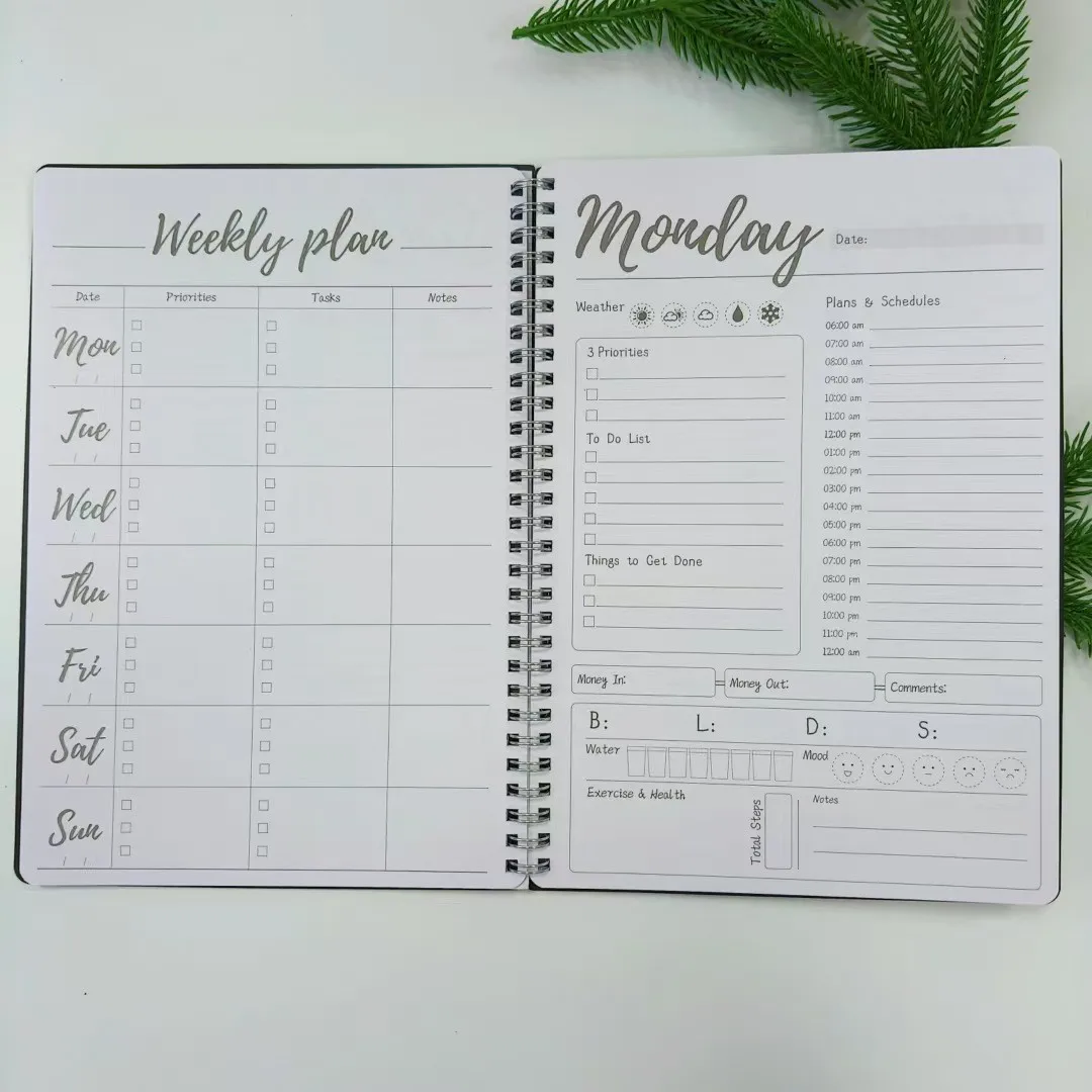 Cuaderno planificador diario y semanal sin fecha de 7 días: horario horario, lista de tareas, planificación de conciertos y fitness, para un tiempo eficiente Mana