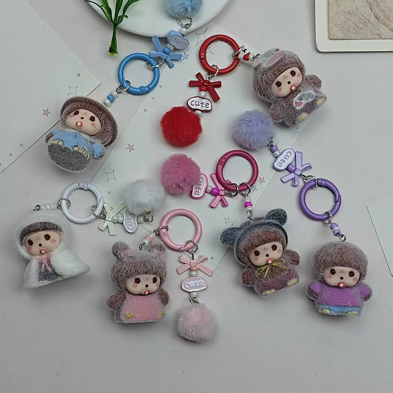 Kawaii Monchhichi Flocking Keychain Cartoon Monchhichi Hanging Pendant Girls Bag Hanging Charms Keyring Birthday Chirstmas Gift