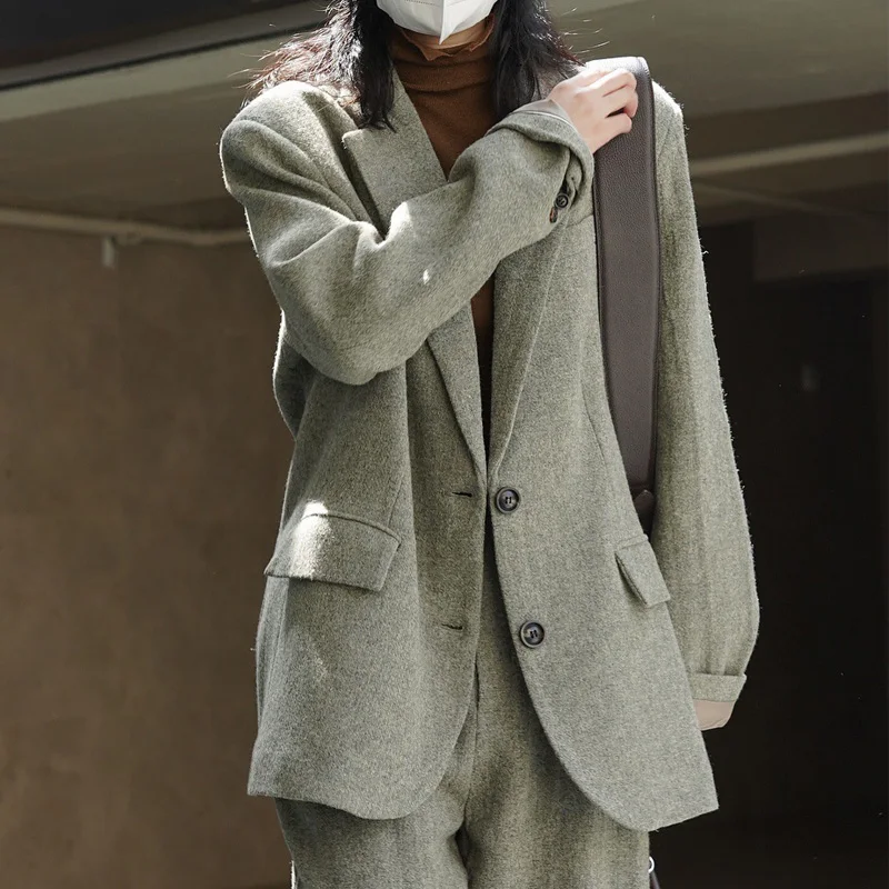 Fall Winter Women\'s Casual Coat Solid Color Single Breasted Pocket Decorative Loose Wool Blazer Jacket