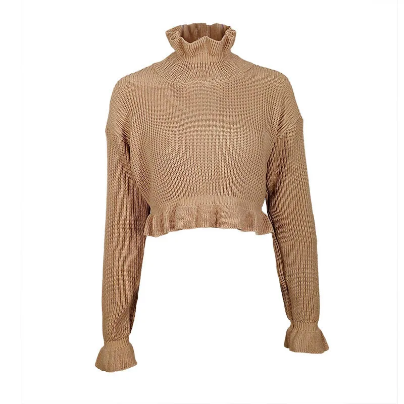 Ubei Hot style autumn clothing knitted ruffles base turtleneck sweater women short pullover crop top fashion