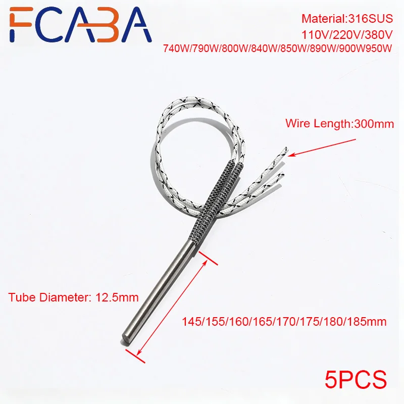 FCABA Cylindrical Heating Rod 316 Stainless Steel 5PCS 12.5mm 145~185mm Single End Cartridge Heater 110/220/380V Heating Element