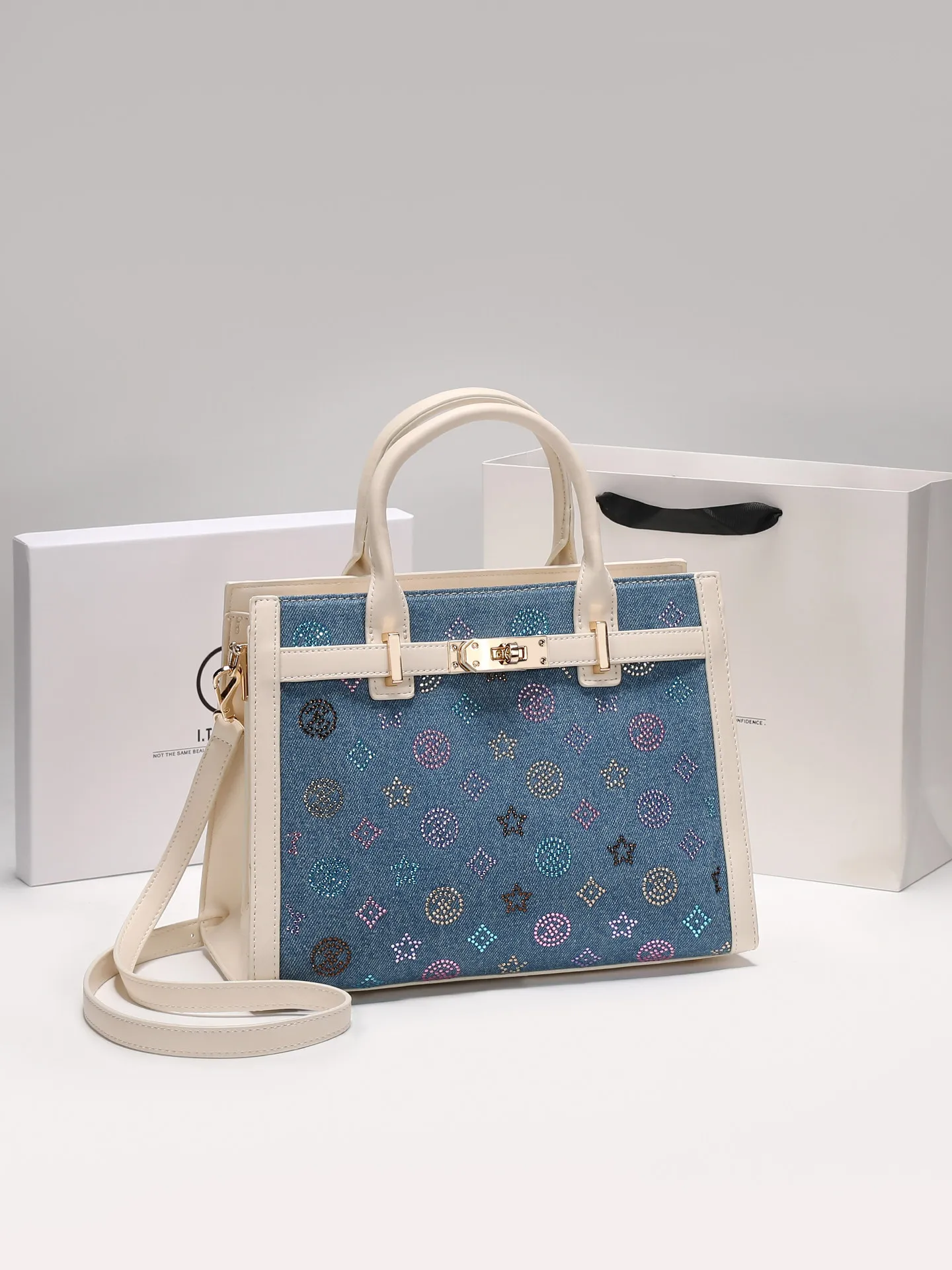 Vintage and Luxury Handheld Tote Bag with Premium Denim Canvas and Colorful Diamond Decoration 2026 Women Fashion Crossbody Bag