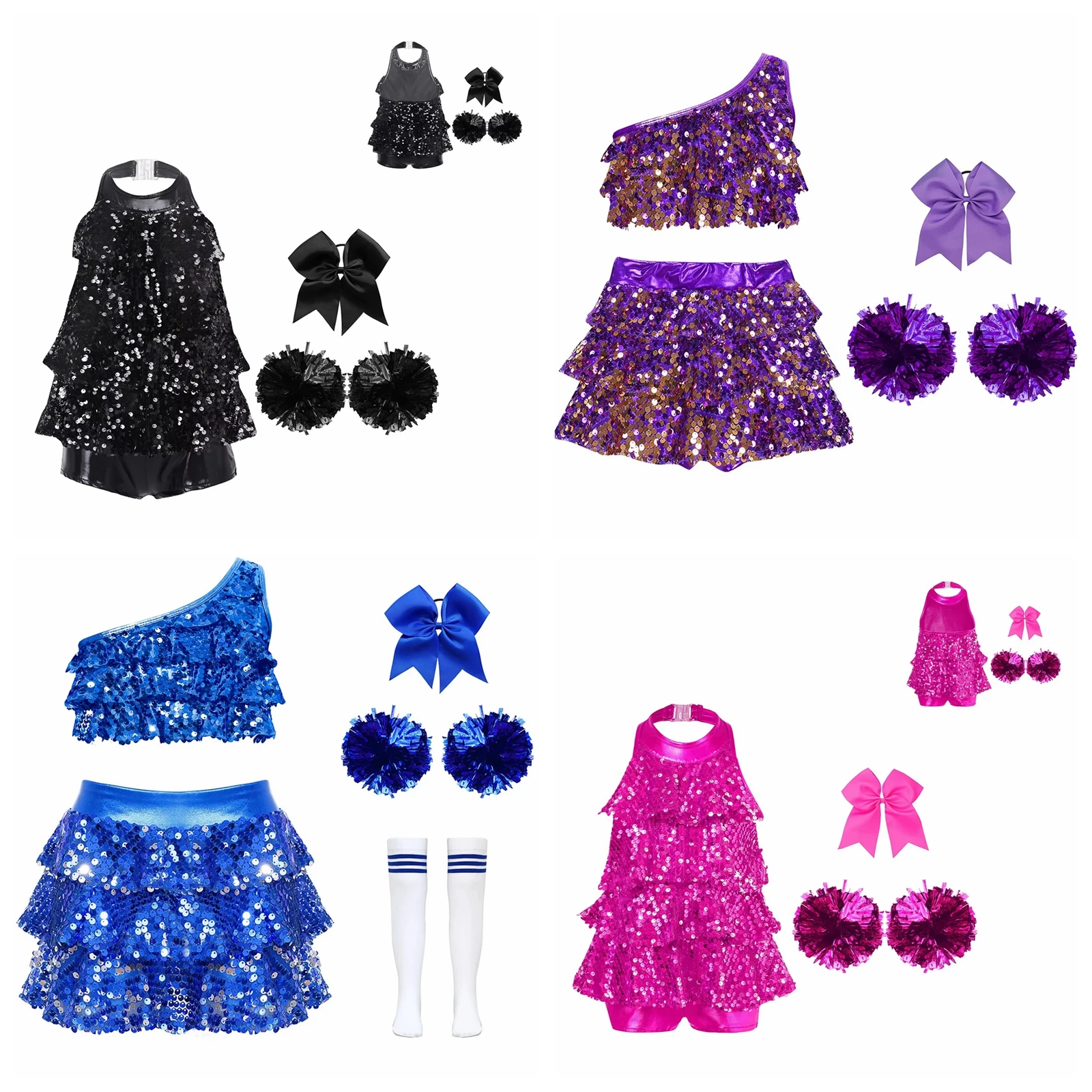 Kids Girls Cheer Dance Leotard Dress with Flower Balls Cheering Team Uniform Sequins Cheerleading Costume CheerleaderOutfit