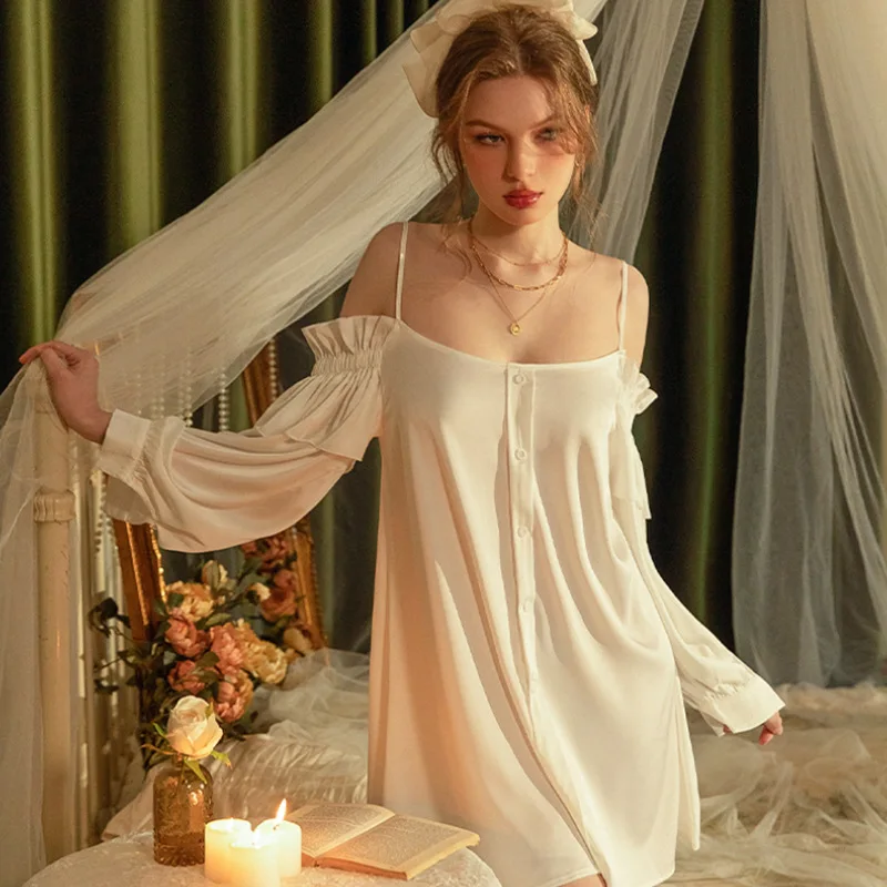 Women Sexy Off Shoulder Oversized Summer Thin Loose Comfortable Strap Shirt Nightgown Sleep Dress Sleepwear