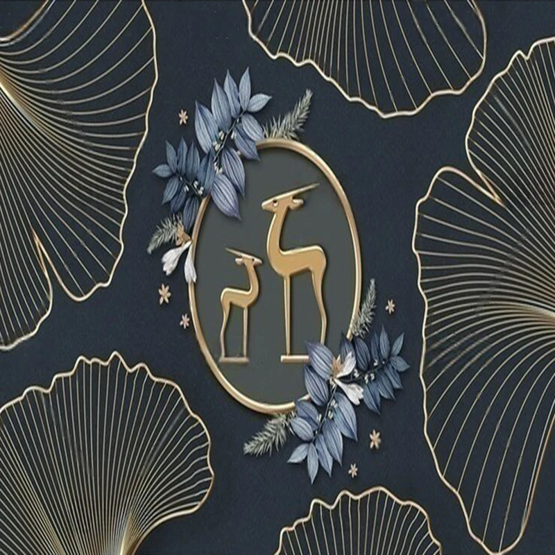 Wallpaper Dinding Dekorasi Ruang Tamu, Lukisan Dinding Rusa Floral Metalik Minimalis Modern, Latar Belakang Sofa TV Mural Kustom