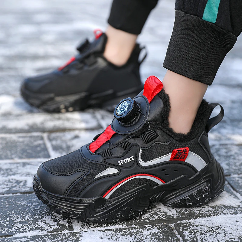 

Children Sneaker Boys Casual Shoes Black Leather Flat Student Walking Shoes Non-slip Girl Lightweight Sports Add cotton