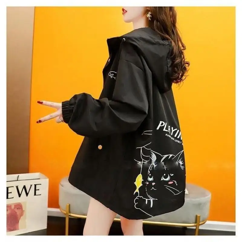 Hoodie Cat Print Jacket Spring  Autumn Teen Girls Loose Fit Casual Top Fashion Versatile Outerwear for Streetwear Daily Wear
