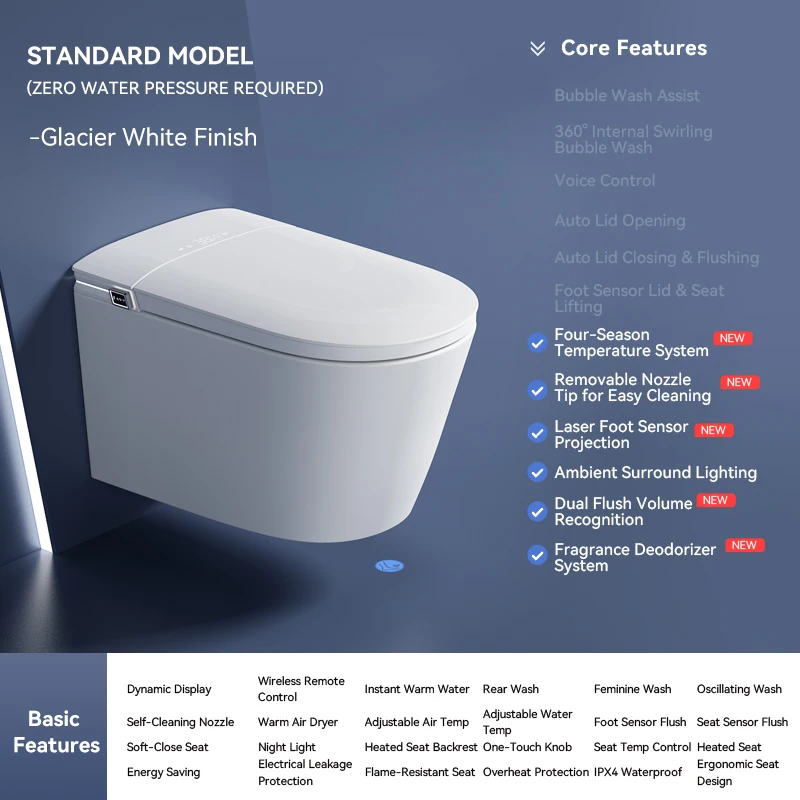 

Intelligent Home Smart Wall-Hung Concealed Toilet Automatic Cover P-Trap Drainage Siphon Jet Flushing Heated Seat Ceramic