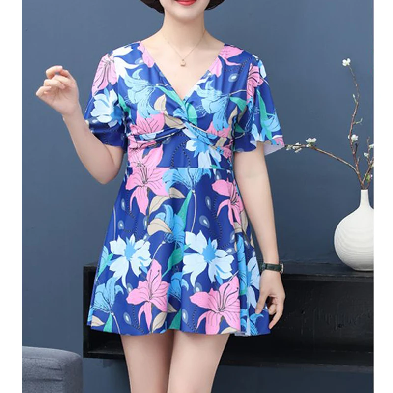 Women Elegant Fashion Floral Print Two Piece Swimsuit Summer V Neck Short Sleeve Push Up Beach Mini Dress Swimwear Bathing Suits