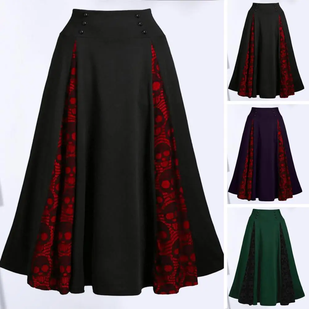 Women Halloween Skirt High Waist Vintage Vampires Cosplay Print A-line Loose Hem Lace Up Waist Lace Patchwork Skirt