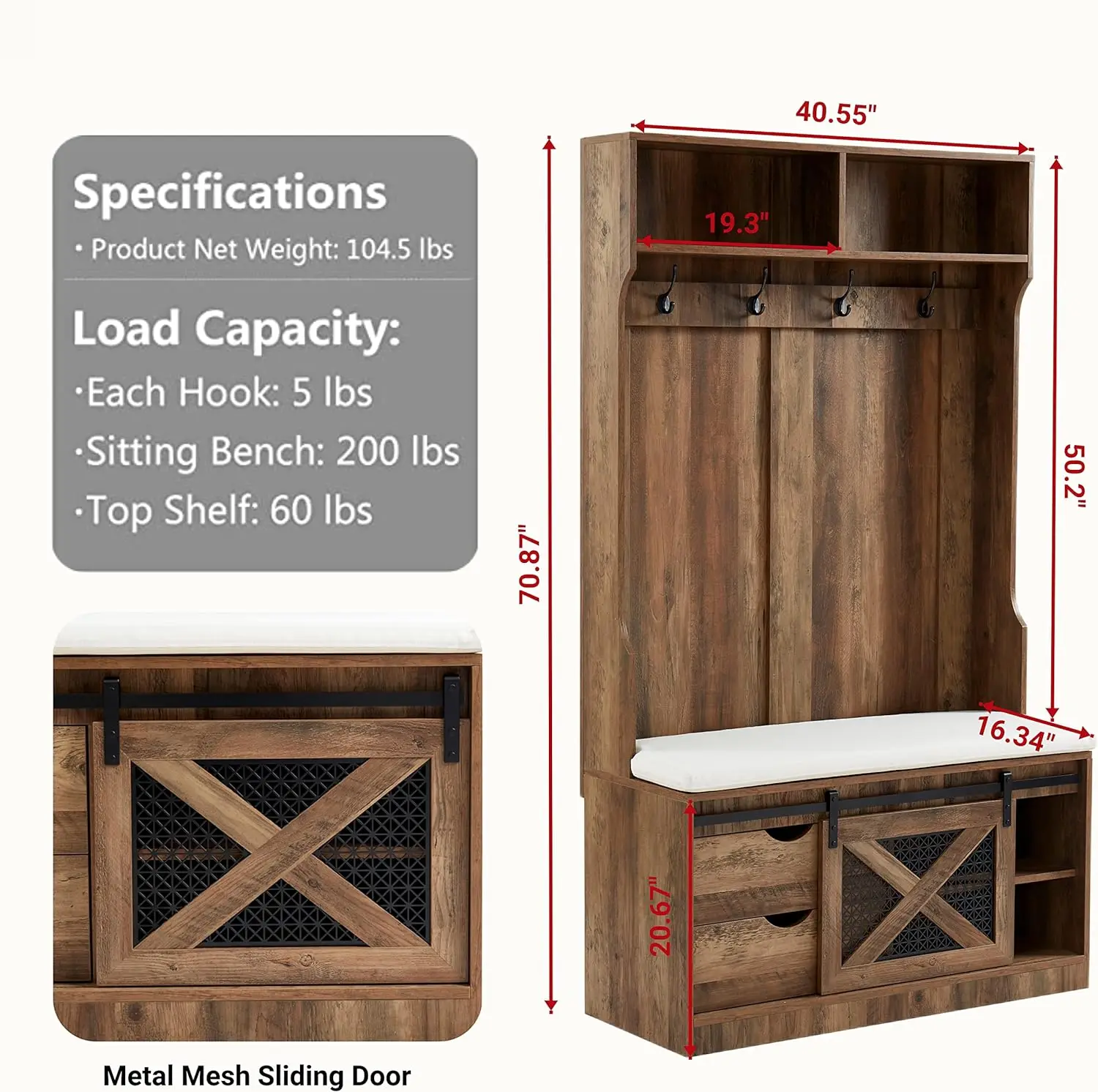 Entryway Hall Tree with Coat Rack and StorageBench,Wood Coat Tree with Cushioned Stool and Hooks for Hallway,Living Room,Mudroom