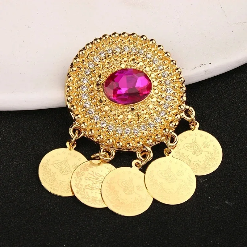 Crystal Brooch for Women, Female Coin Gold Plated Pendant Brooch, Arabian Wedding Jewelry Brooches, Luxury Designer Lapel Pins