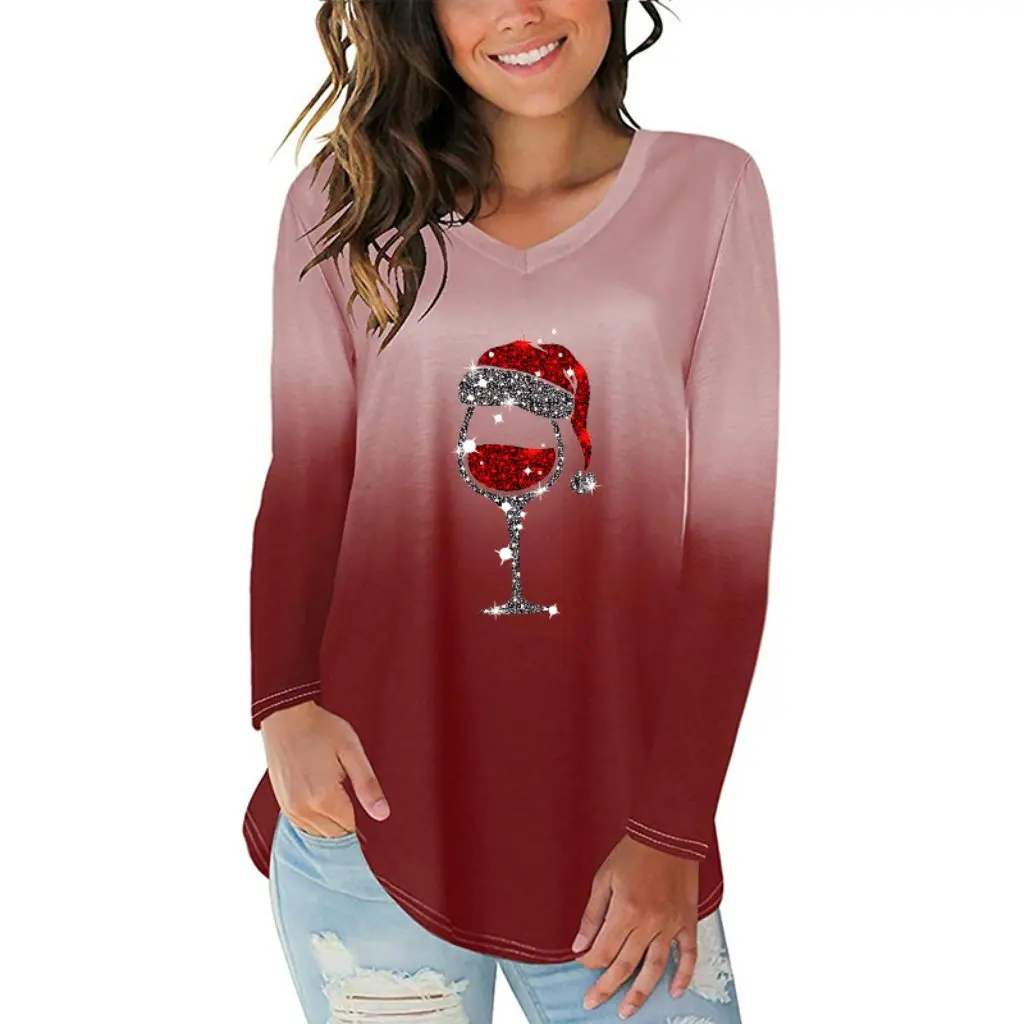 

Women's V-neck Long Sleeve T-shirt Gradient Red Wine Glass Printing Irregular Hem European And American Style New Arrival