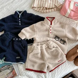 2024 Winter New Children Warm Lamb Wool Clothes Set Baby Fleece Sweatshirt + Shorts 2pcs Suit Long Sleeve Toddler Girl Outfits