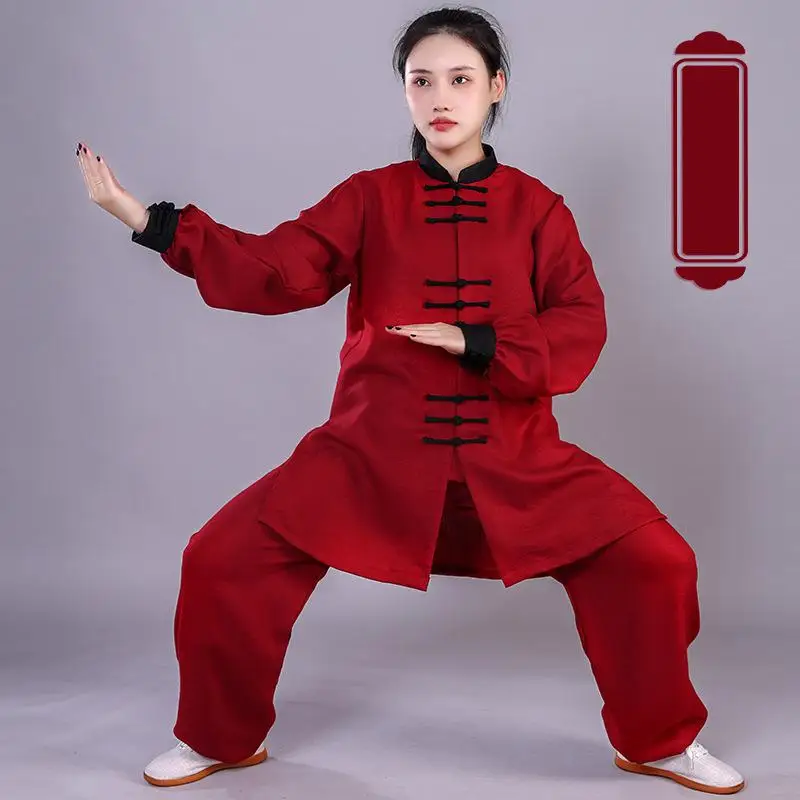 Women Cotton Linen Yaga Tai Chi Suit Solid Kung Fu Wushu Martial Arts Uniform Performance Jacket Pants Morning Exercise Costumes